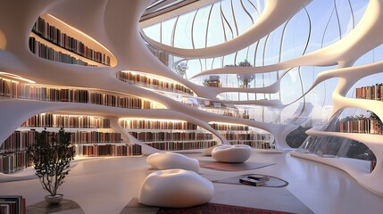 Poster - a futuristic library where holographic books appear at the wave of a hand