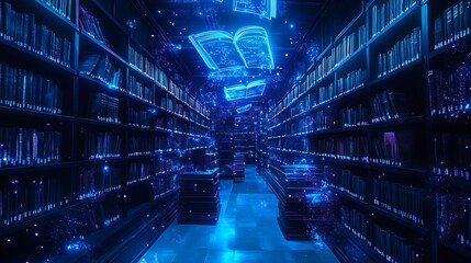 Poster - a futuristic library where holographic books appear at the wave of a hand