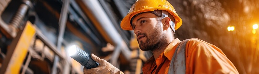 Aufkleber - Underground mine with large drilling equipment, an engineer holding a flashlight under soft orange light