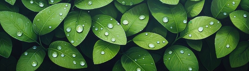 Poster - Vibrant green leaves covered in fresh raindrops, reflecting light from a cloudy sky