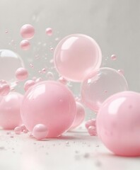 Wall Mural - tiny pink bubbles float on a soft white abstract background with delicate texture and pastel colors 