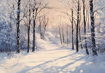 Sticker - A snowy landscape with tall trees covered in snow, christmas background