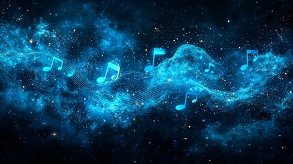 Wall Mural - celestial music notes glowing blue abstract background