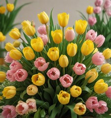 Wall Mural - Yellow tulips arranged in a stunning floral arrangement with a mix of pastel-colored flowers and greenery, floral, yellow tulips