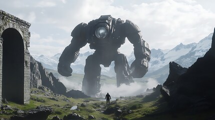 Poster - A giant holographic robot standing guard in a sci-fi world 