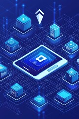 Poster - Futuristic isometric illustration of a digital app icon in a tech landscape