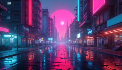 Poster - Neon glow lights up wet city street at night. Urban landscape full of buildings. Stores with colorful illuminated signs. Large round pink sun in sky. Rainy atmosphere. Fast pace city life. Futuristic