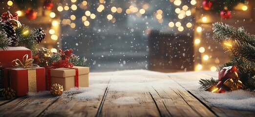 Sticker - Christmas background with Christmas present boxes on a wooden table