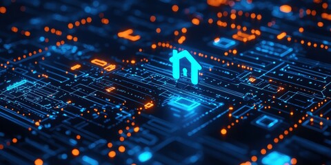 Poster - Smart home technology concept with digital house and security icons