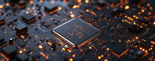 Poster - Close-up of high-tech circuit board with glowing microchip lights