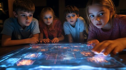 Poster - A holographic board game being played by a group of children