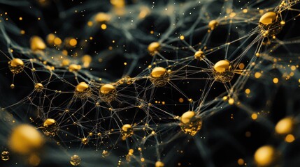 Poster - Abstract 3D rendering of interconnected golden spheres and dark lines, resembling a network or neural system.