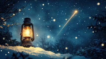 Poster - A brightly glowing Christmas lamp shines in the snowy night, with a shooting star streaking across the sky above.