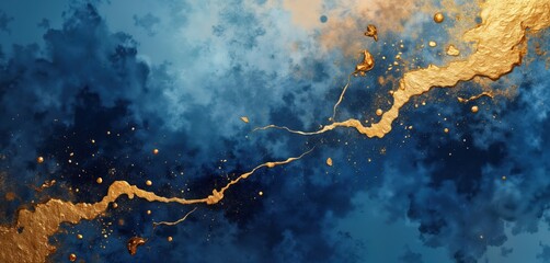 Poster - Abstract watercolor background. Dark blue, golden colors create grunge texture. Flowing lines, splashes of gold paint. Trendy design evokes sense of luxury, sophistication. Suitable for various