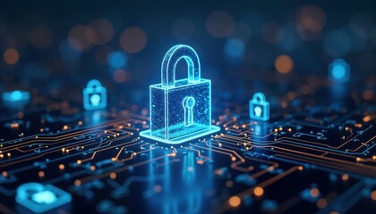 Poster - Digital lock symbol secure tech concept. Blue glowing lock icon on electronic circuit board. Abstract cyber security illustration. Data protection against dark web. Safe online system. Modern