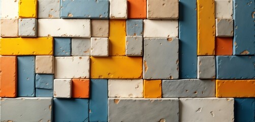 Poster - Colorful geometric design in rustic style. Modern wall floor mosaic featuring various shades of yellow orange, blue. Intricate interlocking blocks create textured pattern. Rustic blocks arranged with
