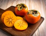 Persimmon tree fruits on wooden cutting board . Ripe orange Diospyros kaki fruits. Generated image 