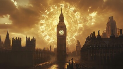 Poster - a holographic clock tower projecting time into the sky in a futuristic city