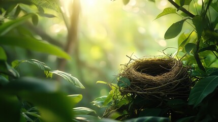 bird's nest resting on a branch in a lush forest. The nest is carefully constructed from twigs and leaves,