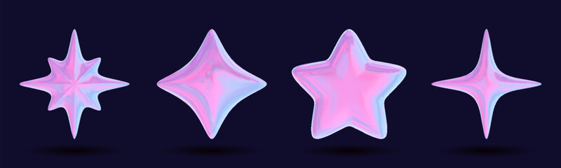 Wall Mural - 3d holographic stars in pink chrome with geometric shapes, designed for futuristic and tech aestheti