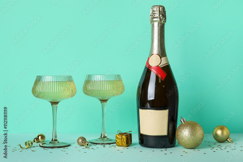 Bottle and glasses of champagne on blue background. New Year celebration