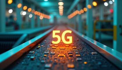 Poster - Futuristic tech factory shows 5G innovation. Modern manufacturing automation system uses 5G connection. Advanced tech equipment. Smart factory displays digital dashboard. Cutting-edge machinery.