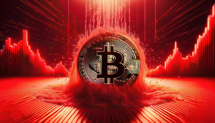 Poster - conceptual illustration of Bitcoin coin sinking into digital quicksand of red numbers, symbolizing market volatility and uncertainty
