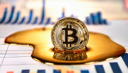 Aufkleber - conceptual image of bitcoin coin melting into puddle of liquid gold, symbolizing volatility of crypt