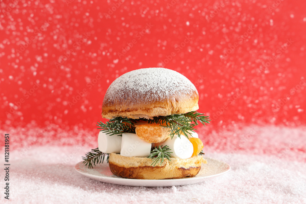 Tasty burger with tangerines and marshmallows on red background with snow