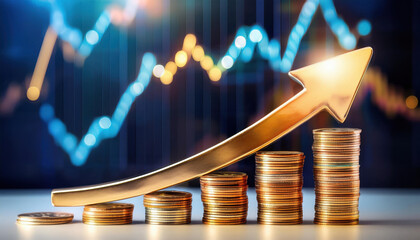 Poster - golden arrow ascending through stack of coins symbolizes financial growth and success, with vibrant background of fluctuating graphs