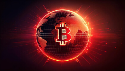 Poster - glowing red globe with Bitcoin symbol, representing global cryptocurrency connections and digital economy. image evokes sense of innovation and technology