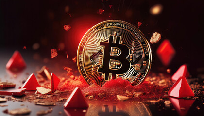 Poster - shattered glowing Bitcoin coin surrounded by fragments and red warning symbols on dark surface creates dramatic and intense atmosphere