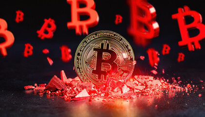 Aufkleber - shattered bitcoin coin fragments scattered over dark surface, glowing with red warning lights, creat