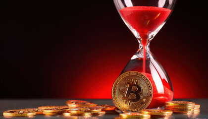 Aufkleber - symbolic hourglass filled with bitcoin coins, glowing red at bottom, represents passage of time and 