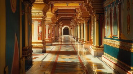 Poster - temple corridor with vibrant artwork lining the walls, each detail illuminated by soft, natural light that fills the sacred hall