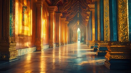 Poster - temple corridor with vibrant artwork lining the walls, each detail illuminated by soft, natural light that fills the sacred hall