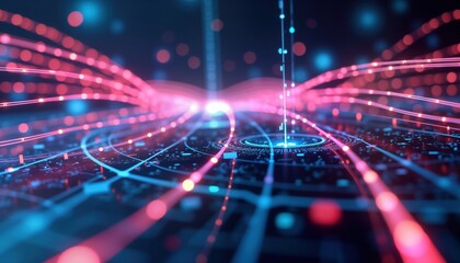 Poster - Futuristic network tech concept shows glowing fiber optic cables. Data streams move quickly. Abstract design. Global connection. Innovation. Future. Tech. Progress. Speed. Light. Energy. Digital art.