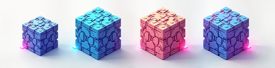Poster - Three-dimensional tech cubes in various colors with intricate patterns, symbols shown. Futuristic design evokes innovative tech concepts. Tech illustration collection portrays advanced tech designs.