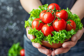 Wall Mural - Farmer holding bowl of freshly picked tomatoes and lettuce