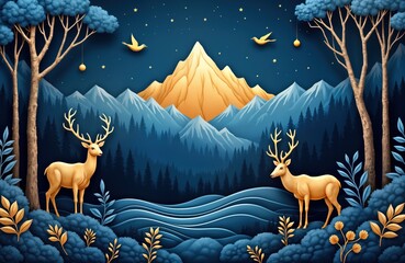 Poster - Dark blue wallpaper design shows night forest scene. Mountain peaks with golden hues rise above dark blue forest. Deers stand in foreground amongst foliage. Birds fly in starry night sky. Elegant art