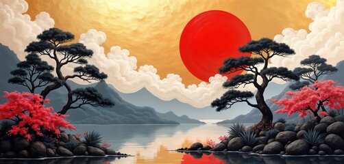 Poster - Tranquil lake scene with dramatic clouds, vibrant sun. Large trees stand on rocky shores. Pink flowers, shrubs dot landscape. Misty mountains reflect on calm water. Japanese-style art painting.