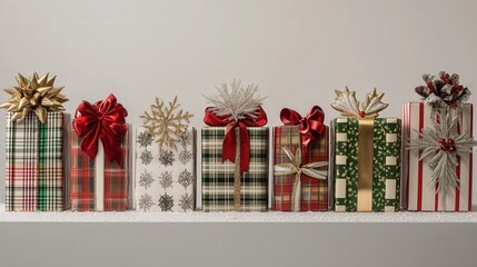 Wall Mural - A festive row of 3D Christmas gift boxes, each wrapped in unique paper patterns like plaid, snowflakes, and stripes, adorned with gold, silver, and red ribbons