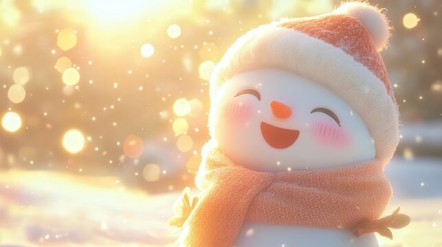 A heartwarming winter holiday Christmas background banner featuring a closeup of a cute, funny snowman laughing joyfully