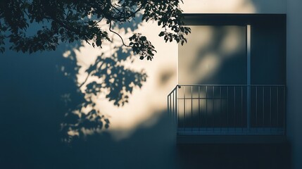 Poster - tree shadow on the wall of a building, with the balcony framing the intricate silhouette of the branches, bringing a natural beauty to the architectural space