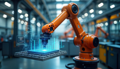 Poster - Advanced robotic arm operates in modern smart factory. Data analytics, performance metrics displayed digitally. Industrial automation illustrated. Robotic arm precisely manipulates object. High-tech