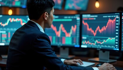 Poster - asian businessman in suit monitors stock market data on multiple computer screens. intently analyzes