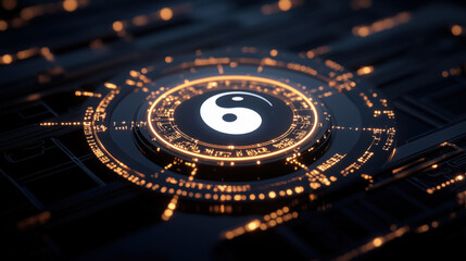 Poster - glowing golden circle features yin yang symbol, symbolizing balance