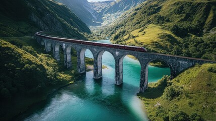 Poster - train crossing a river bridge in the middle of a mountain range,