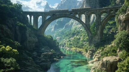 Poster - train crossing a river bridge in the middle of a mountain range,