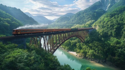 Poster - train crossing a river bridge in the middle of a mountain range,